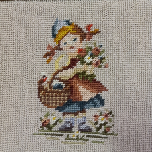 Framed Needlepoint Little Dutch Girl with Basket Of Flowers 12x12" - Picture 2 of 6